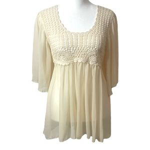 Adiva Vintage Adiva Beige Boho Crochet Flutter Sleeves Top Size L